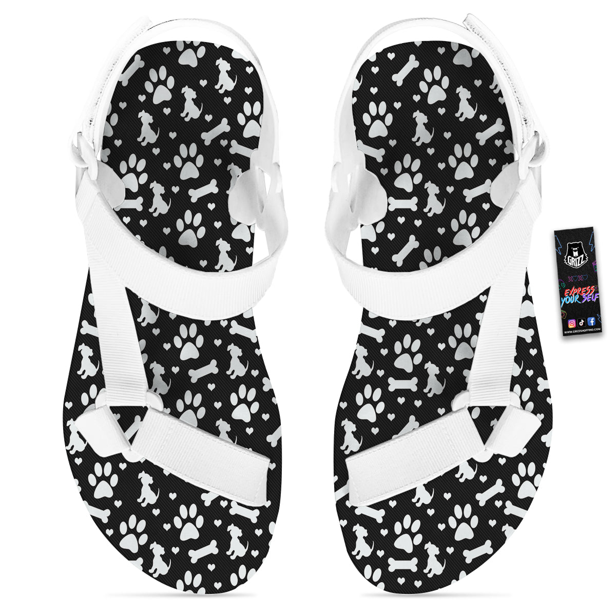 Black and White Dog Paw Print Pattern White Open Toe Sandals-grizzshop