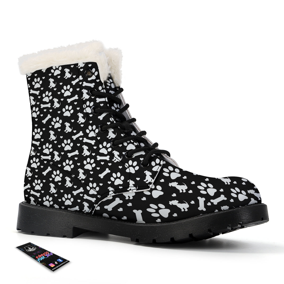 Black and White Dog Paw Print Pattern Winter Boots-grizzshop