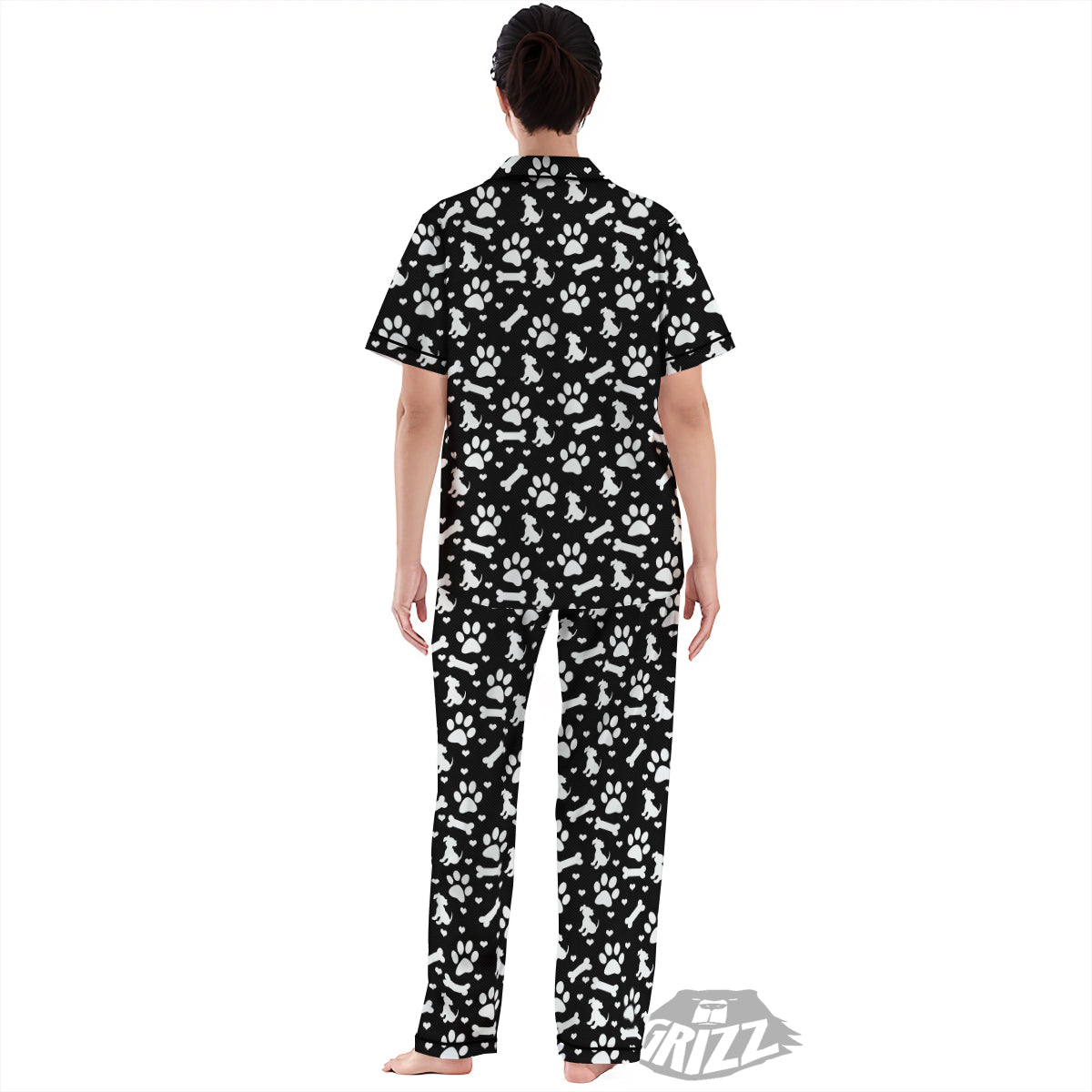 Black and White Dog Paw Print Pattern Women's Pajamas Set-grizzshop