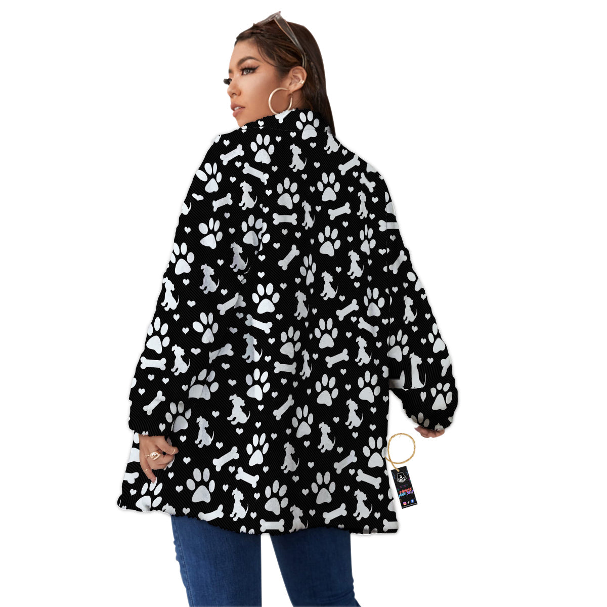 Black and White Dog Paw Print Pattern Women's Sherpa Jacket-grizzshop