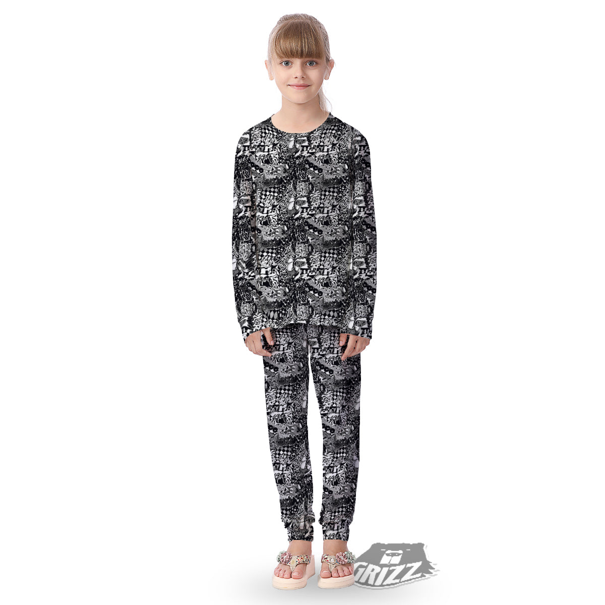 Black and White Graffity Street Art Print Pattern Kid's Pajamas-grizzshop