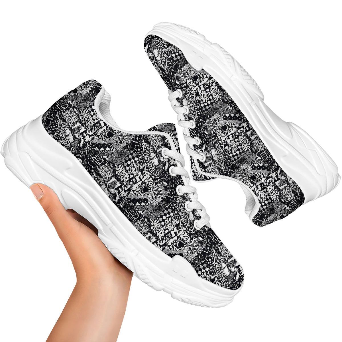 Black and White Graffity Street Art Print Pattern White Chunky Shoes-grizzshop