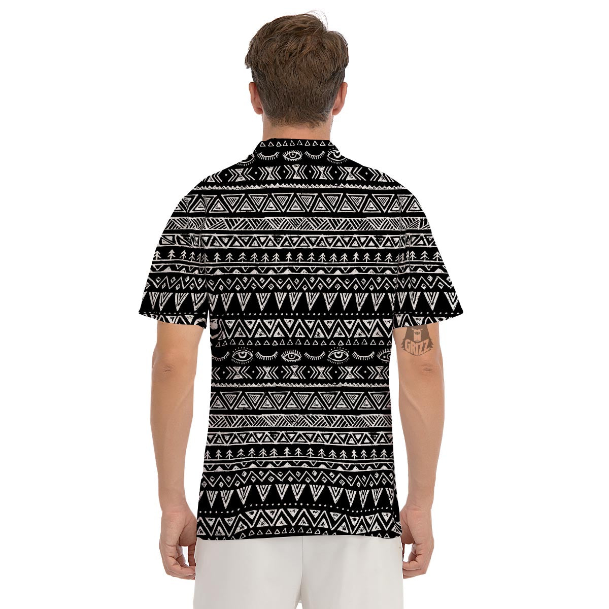 Black And White Doodle Tribal Aztec Print Men's Golf Shirts-grizzshop