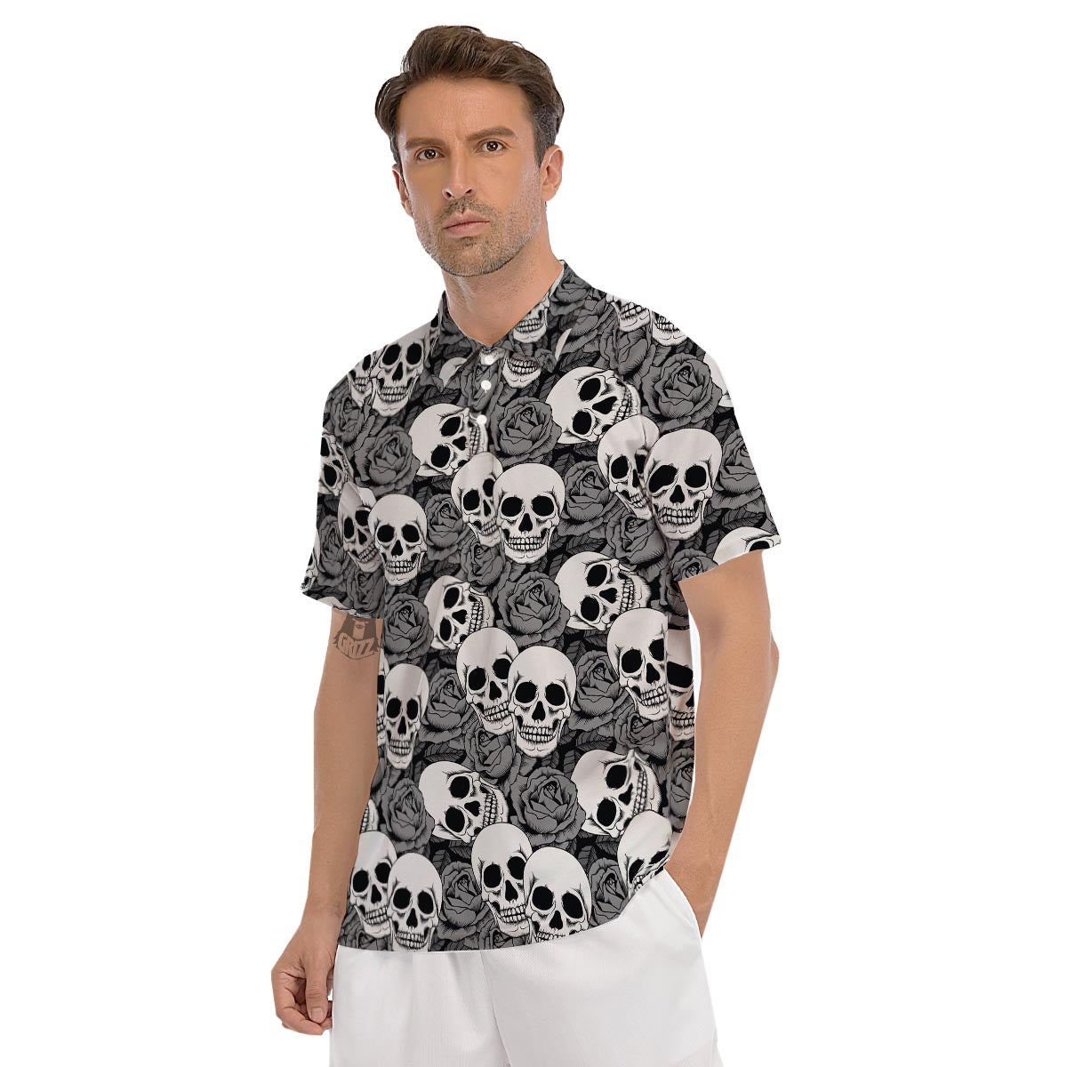 Black And White Rose Floral Skull Men's Golf Shirts-grizzshop