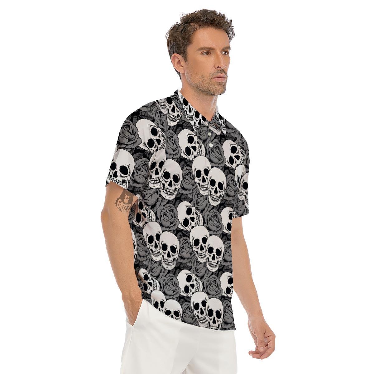 Black And White Rose Floral Skull Men's Golf Shirts-grizzshop