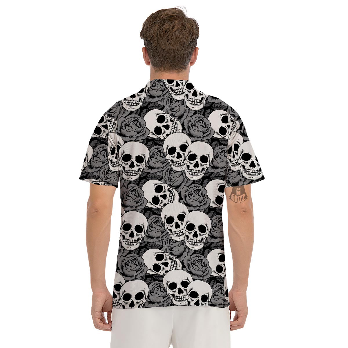 Black And White Rose Floral Skull Men's Golf Shirts-grizzshop