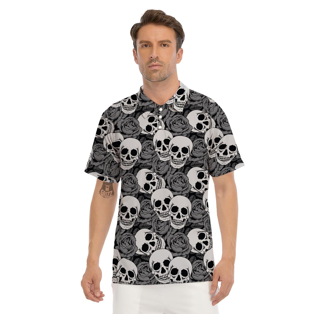 Black And White Rose Floral Skull Men's Golf Shirts-grizzshop