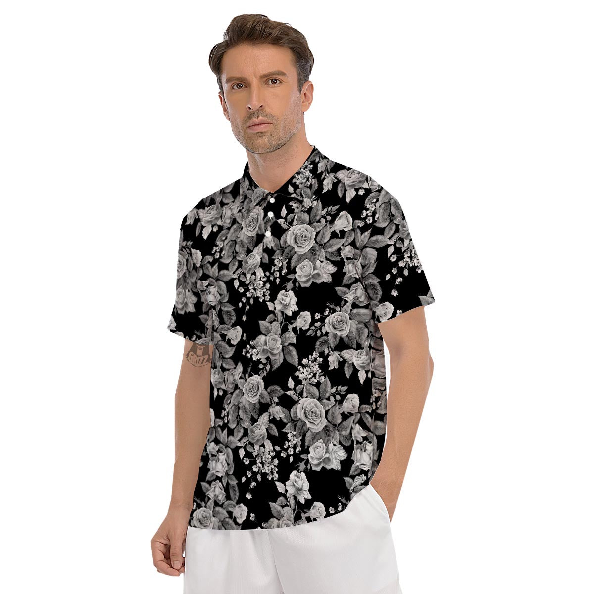 Black And White Rose Flower Men's Golf Shirts-grizzshop