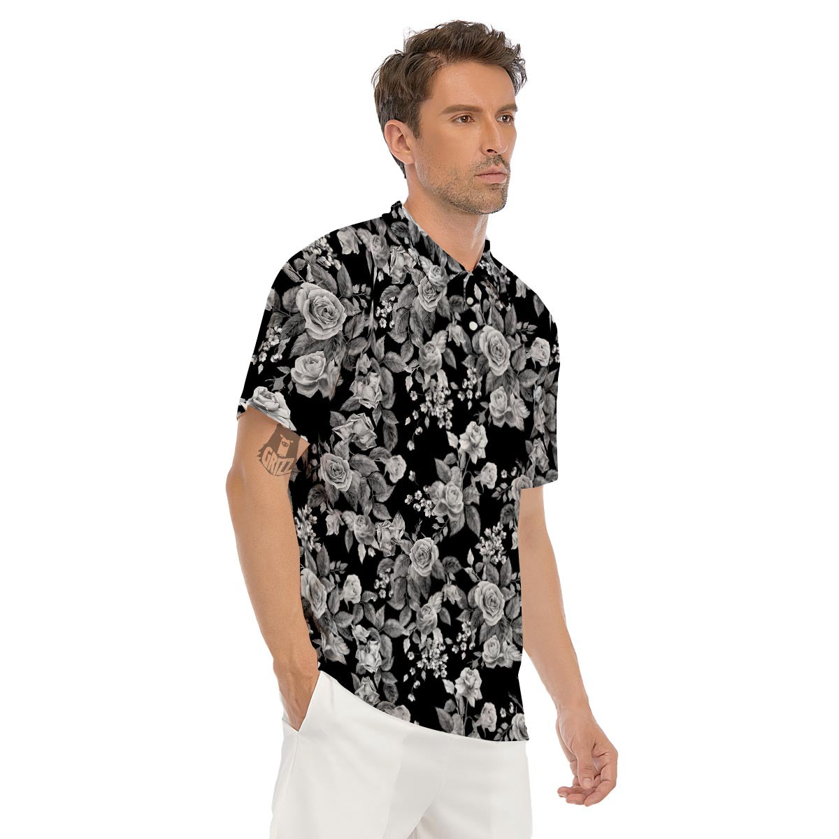 Black And White Rose Flower Men's Golf Shirts-grizzshop