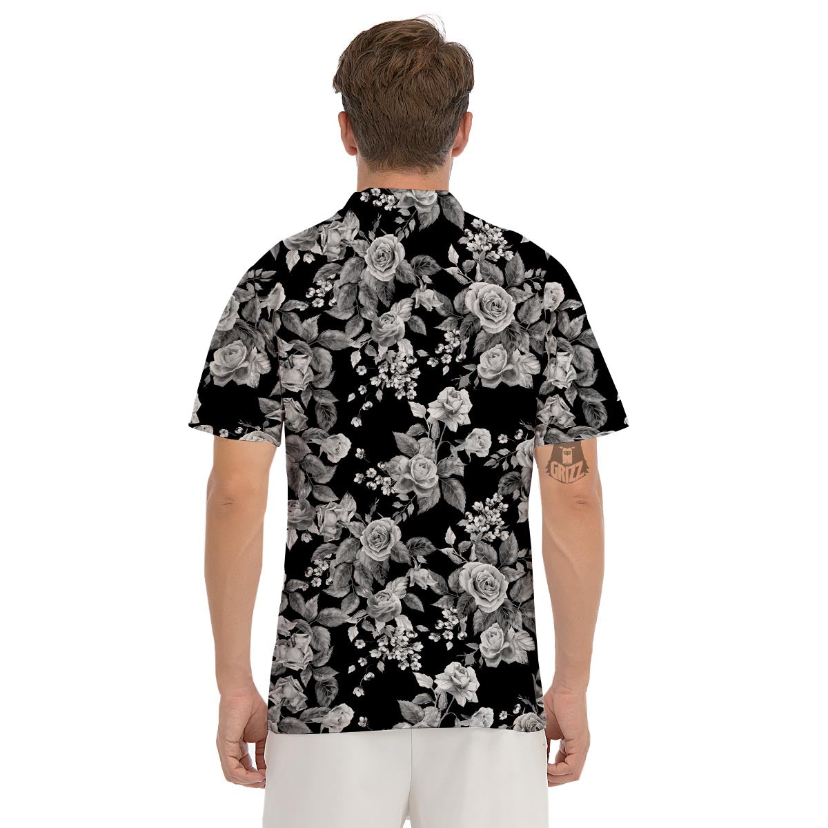 Black And White Rose Flower Men's Golf Shirts-grizzshop