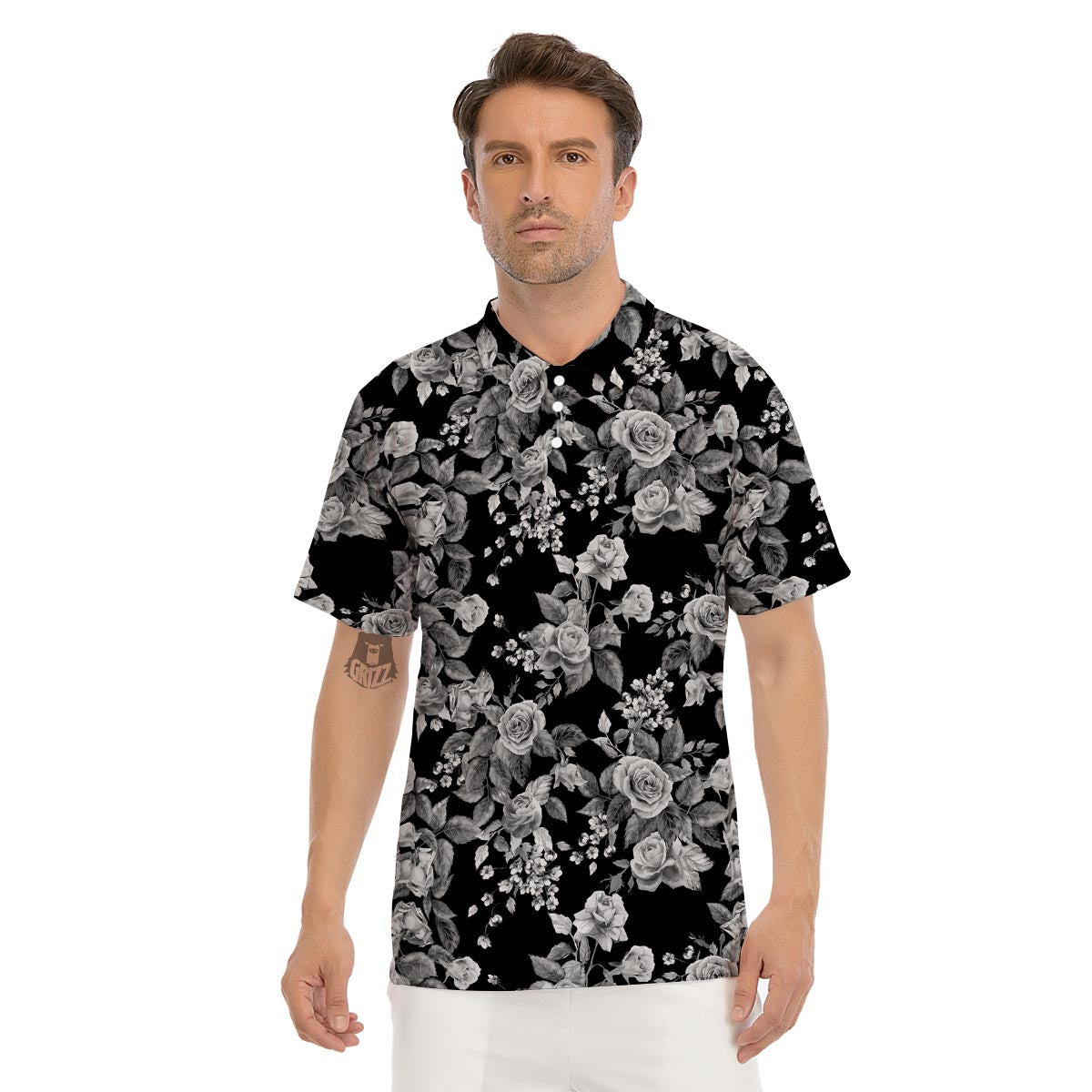 Black And White Rose Flower Men's Golf Shirts-grizzshop