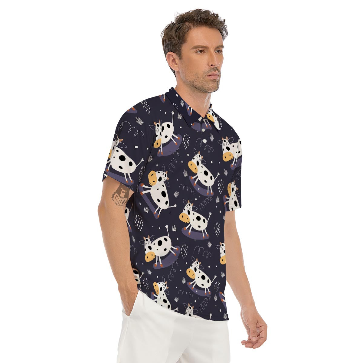 Black Cartoon Cow Print Men's Golf Shirts-grizzshop