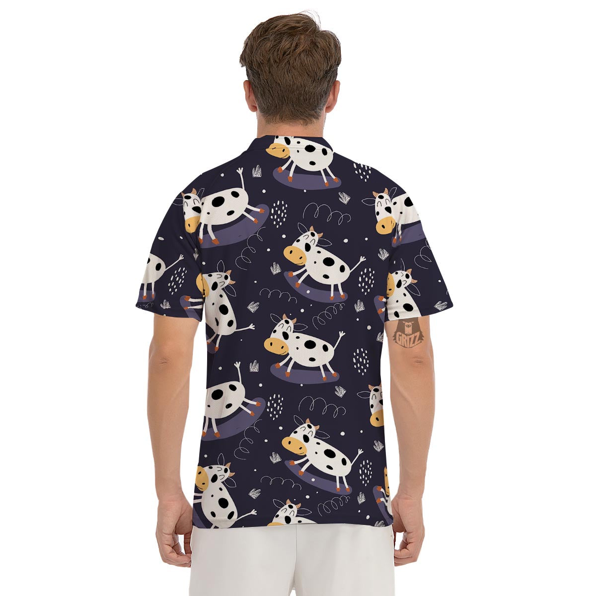 Black Cartoon Cow Print Men's Golf Shirts-grizzshop