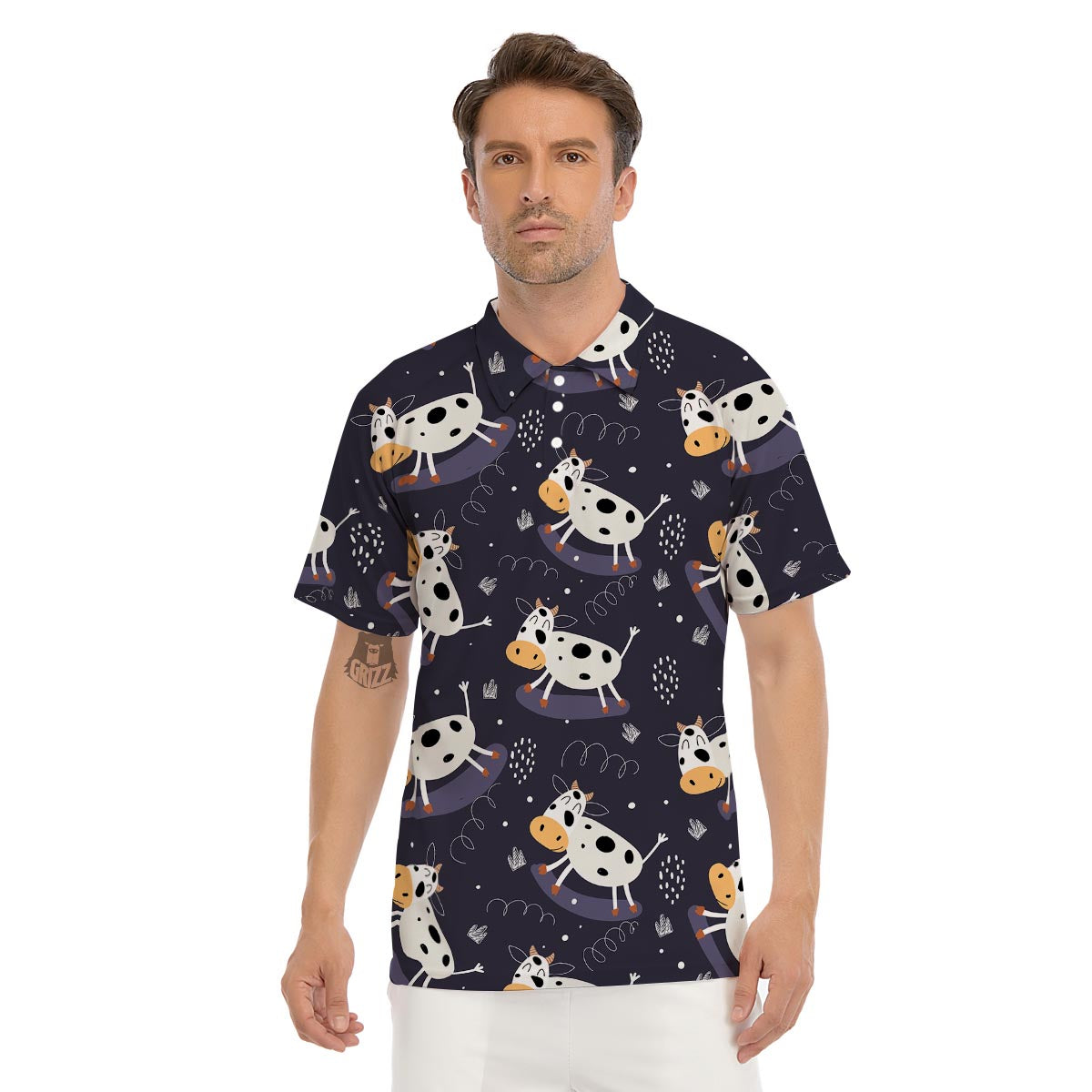 Black Cartoon Cow Print Men's Golf Shirts-grizzshop