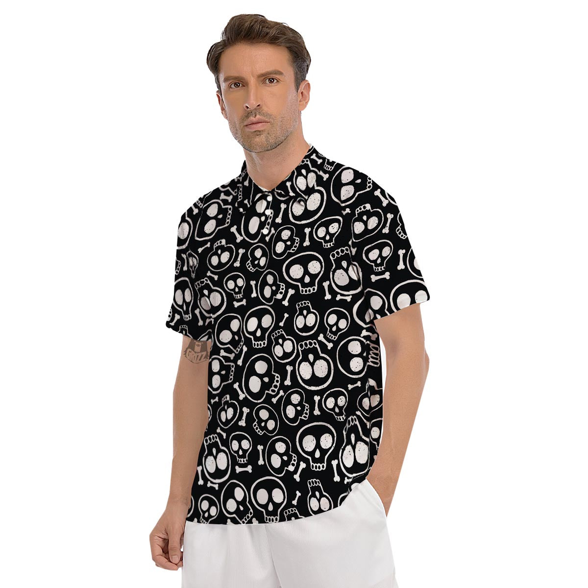 Black Cartoon Skull Men's Golf Shirts-grizzshop