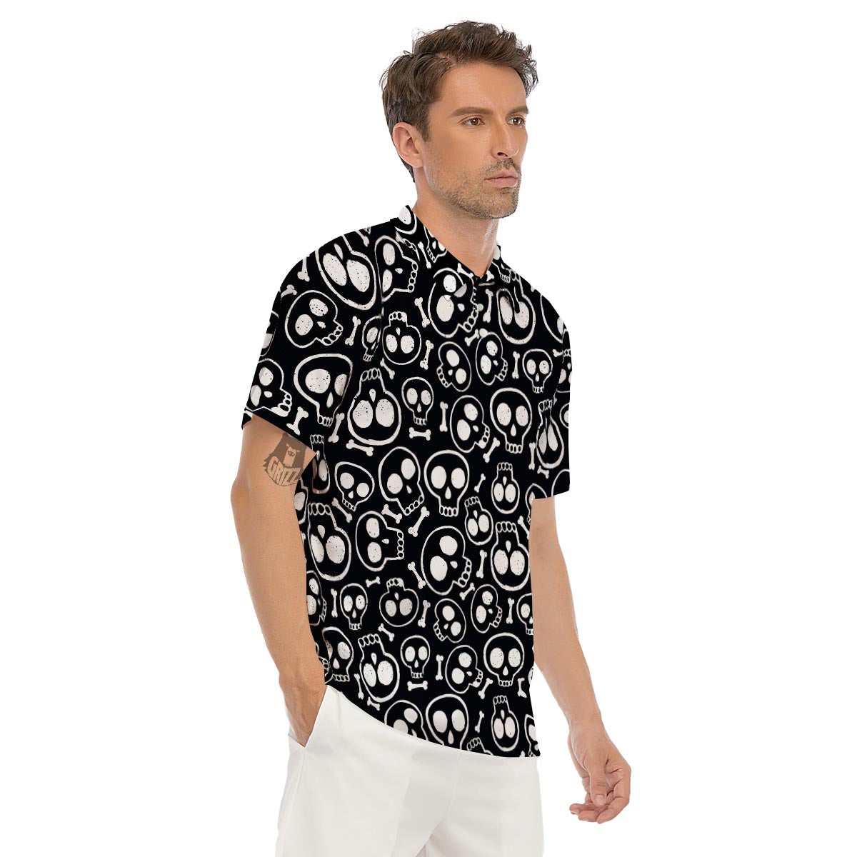 Black Cartoon Skull Men's Golf Shirts-grizzshop