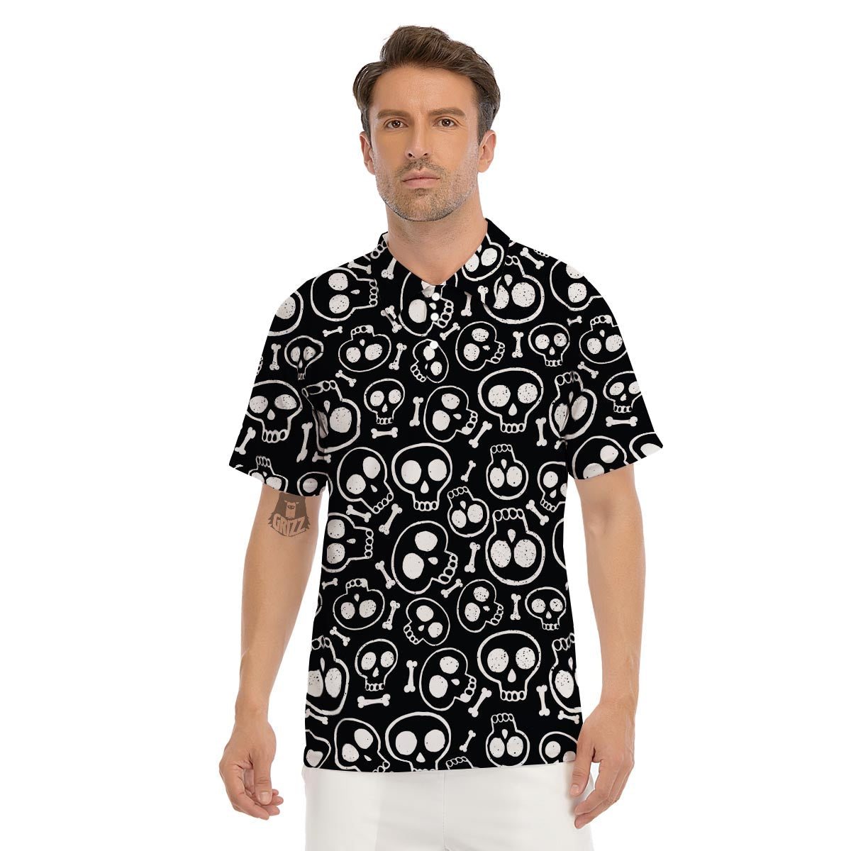 Black Cartoon Skull Men's Golf Shirts-grizzshop