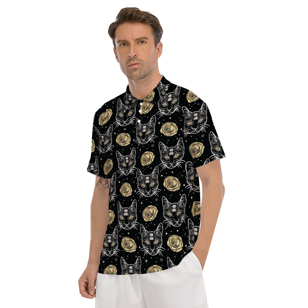 Black Cat Gothic Witch Men's Golf Shirts-grizzshop