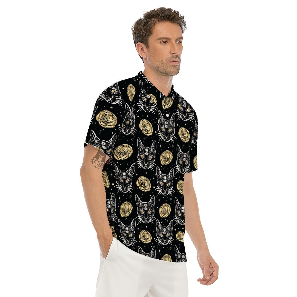 Black Cat Gothic Witch Men's Golf Shirts-grizzshop