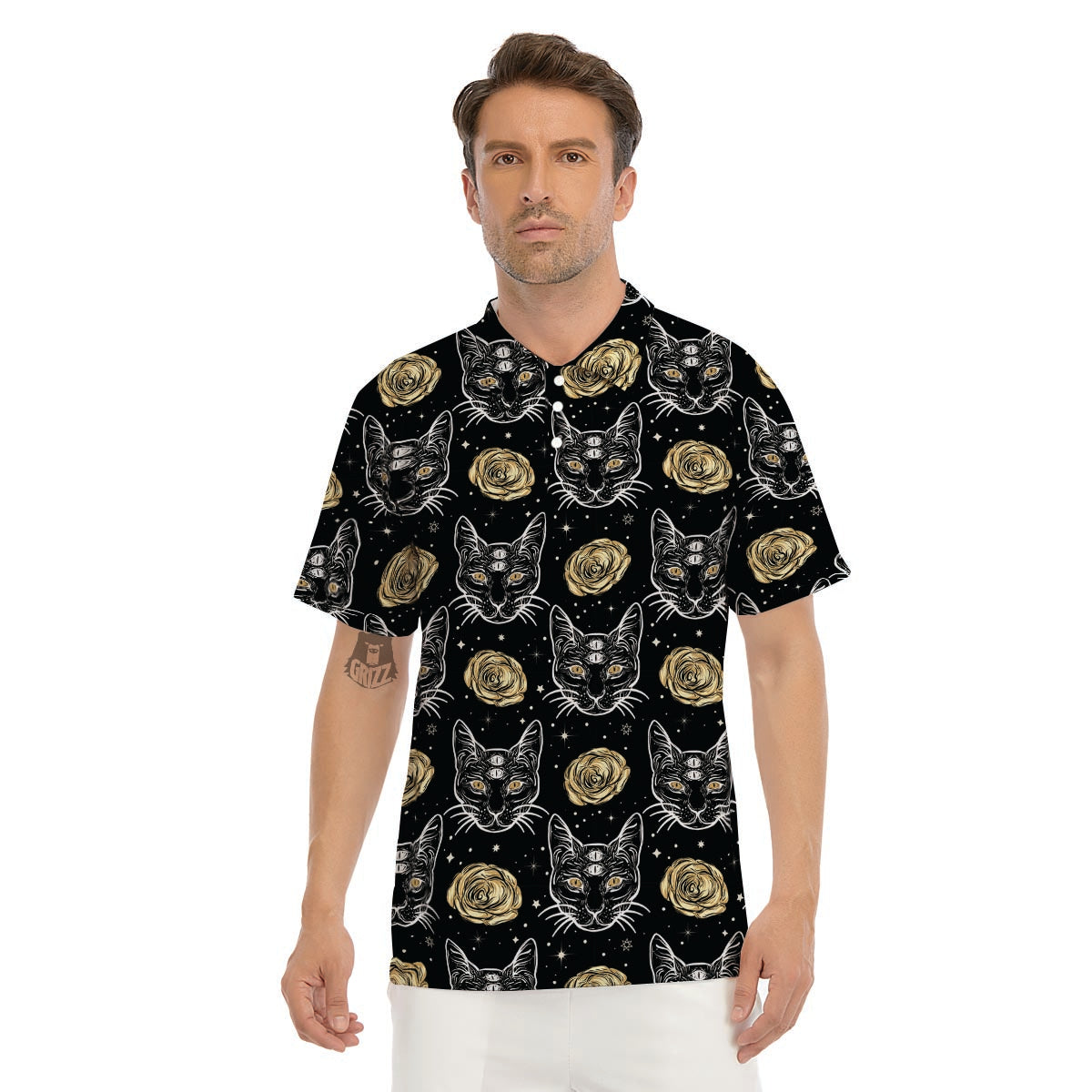 Black Cat Gothic Witch Men's Golf Shirts-grizzshop