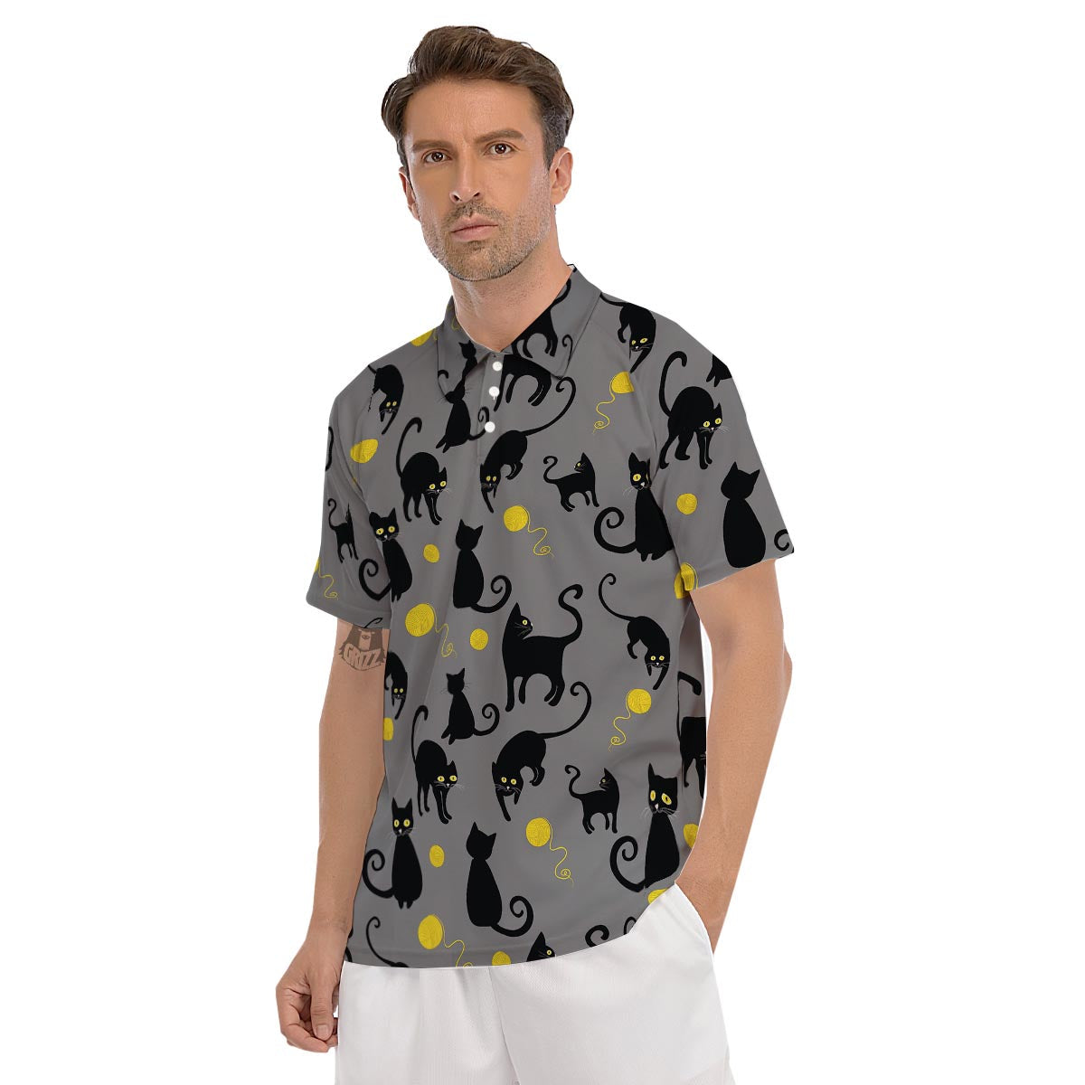 Black Cat Knit Print Men's Golf Shirts-grizzshop
