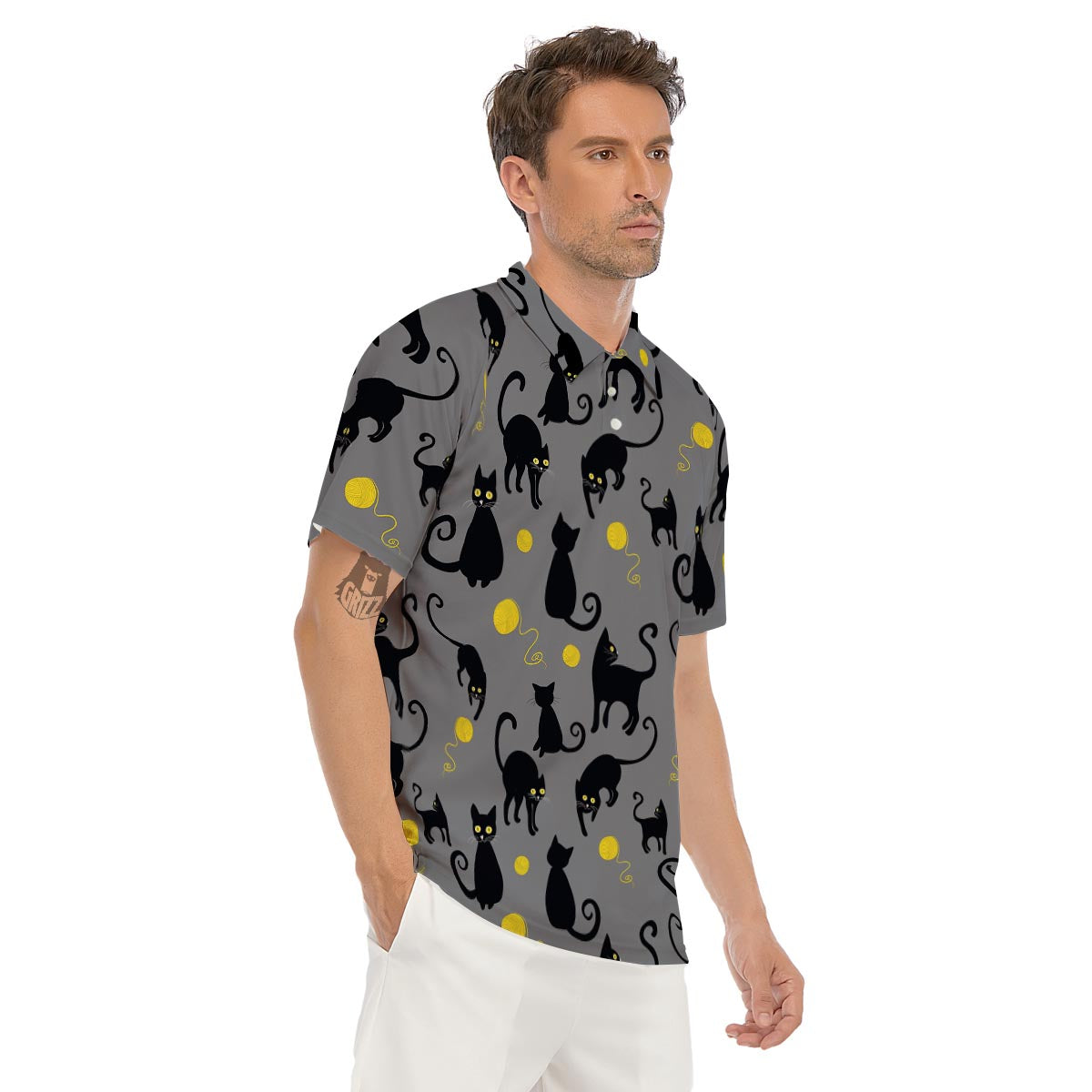 Black Cat Knit Print Men's Golf Shirts-grizzshop