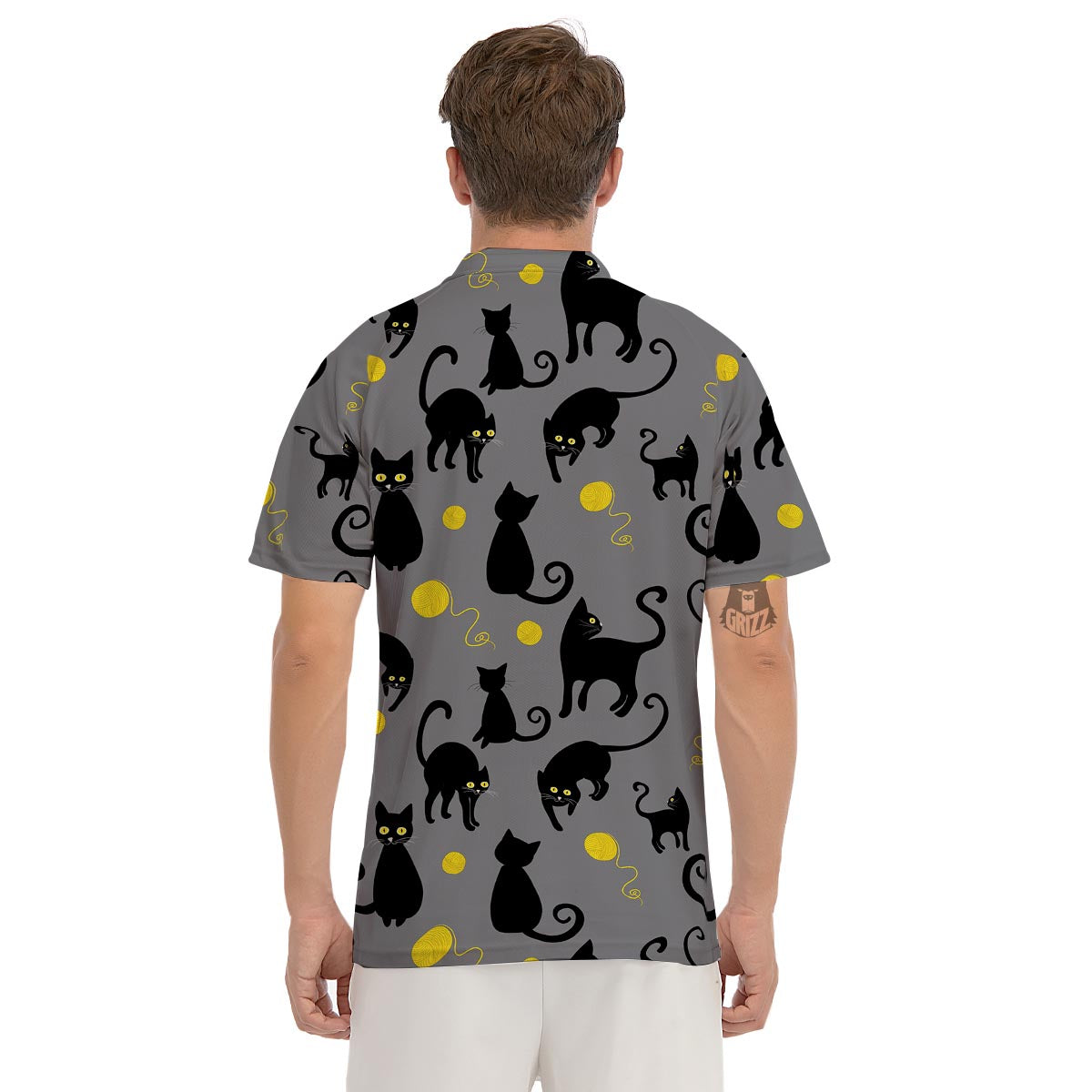 Black Cat Knit Print Men's Golf Shirts-grizzshop
