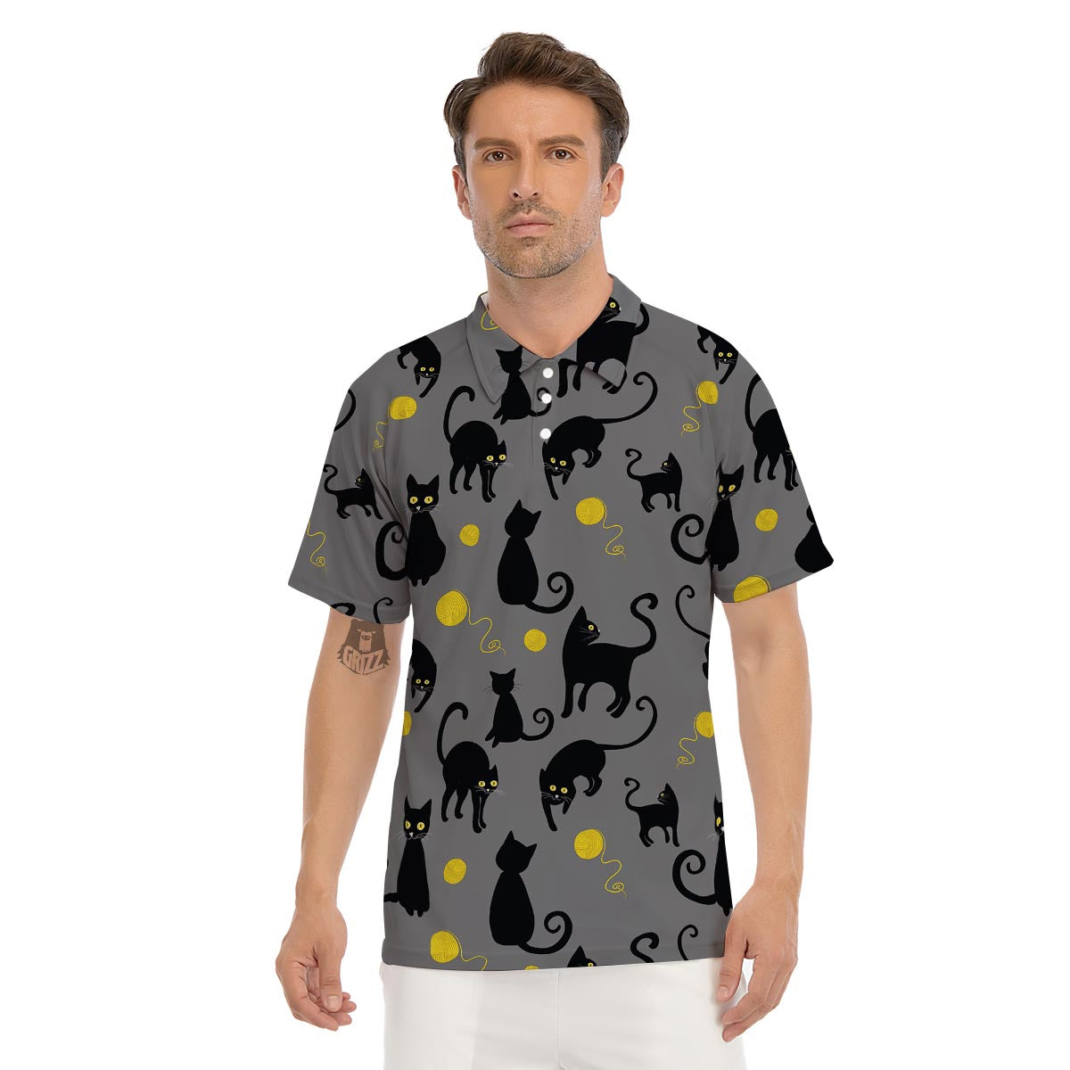 Black Cat Knit Print Men's Golf Shirts-grizzshop