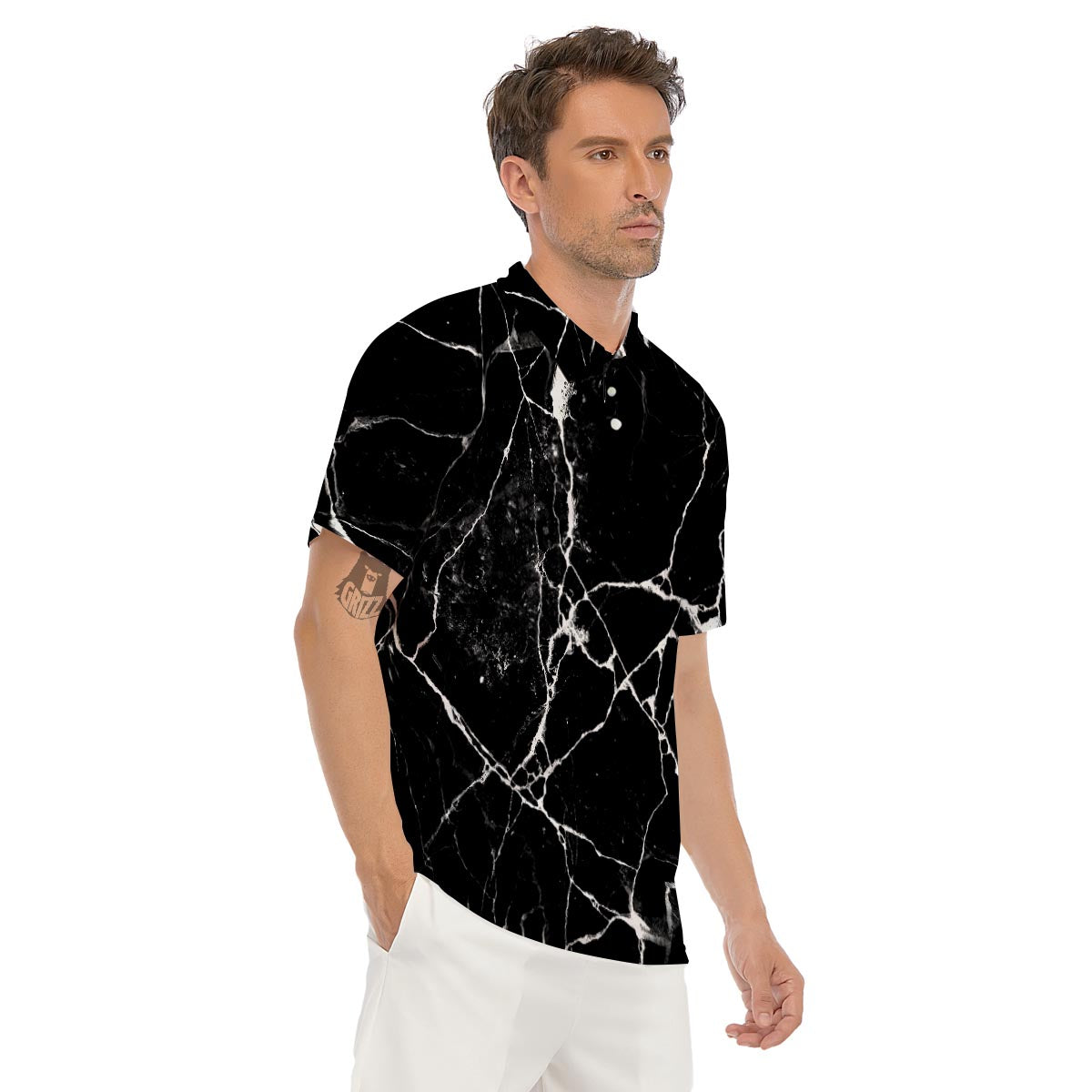Black Cracked Marble Men's Golf Shirts-grizzshop