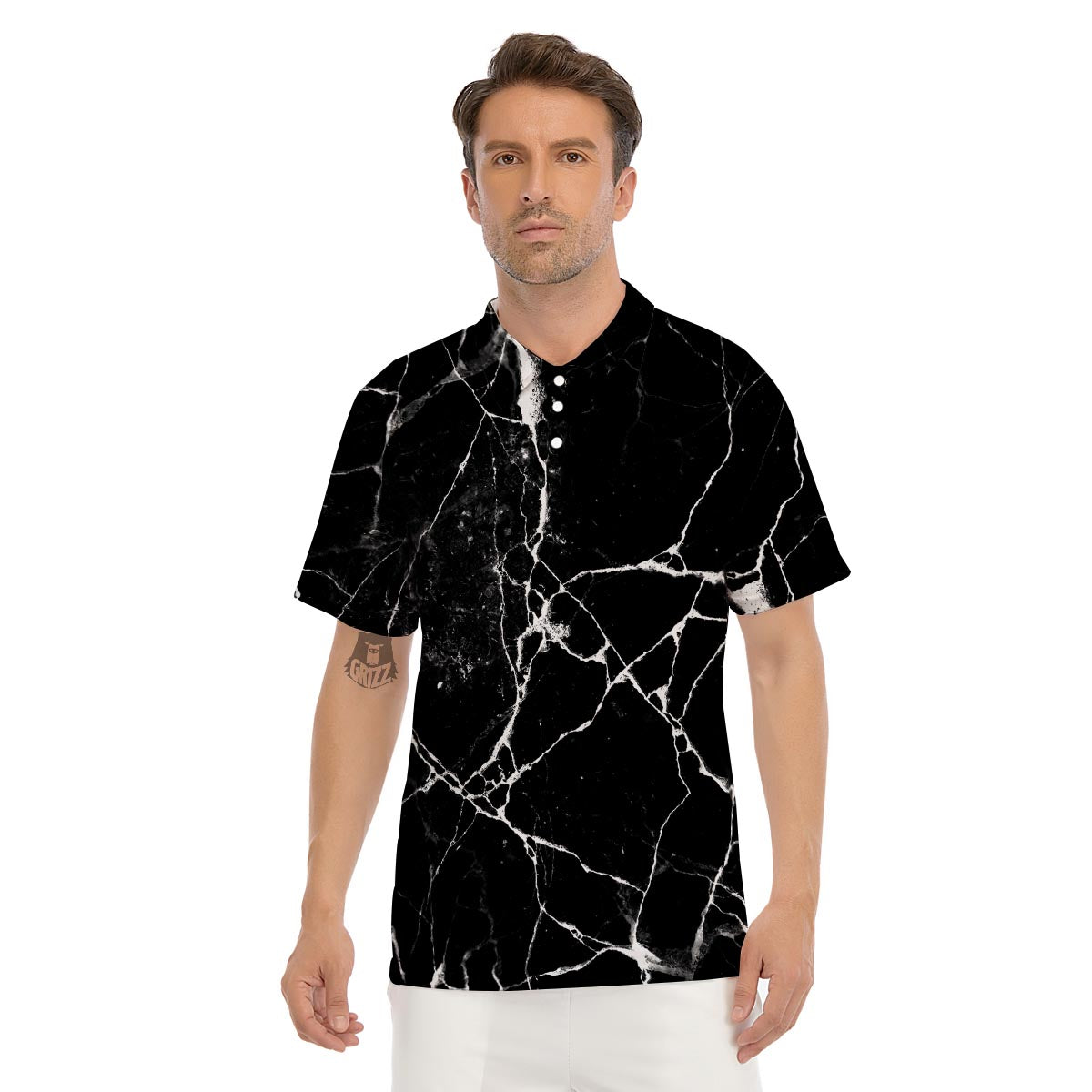 Black Cracked Marble Men's Golf Shirts-grizzshop