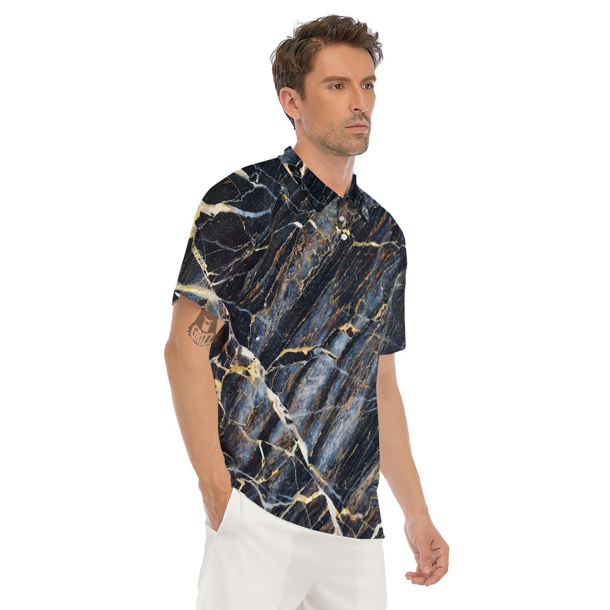 Black Gold Cracked Marble Men's Golf Shirts-grizzshop