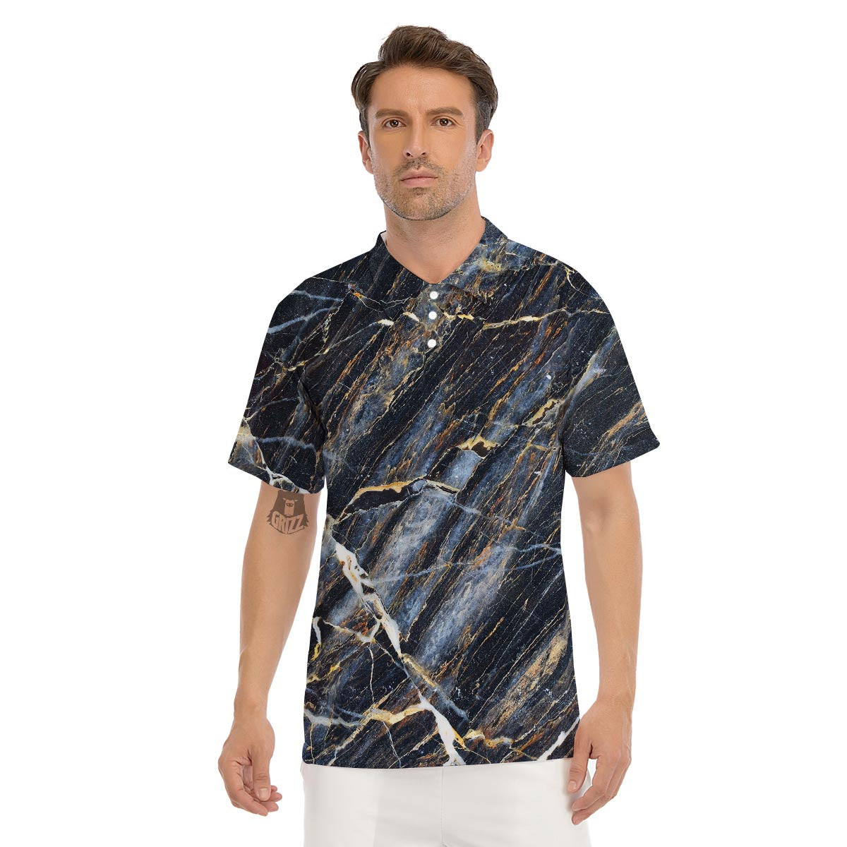 Black Gold Cracked Marble Men's Golf Shirts-grizzshop