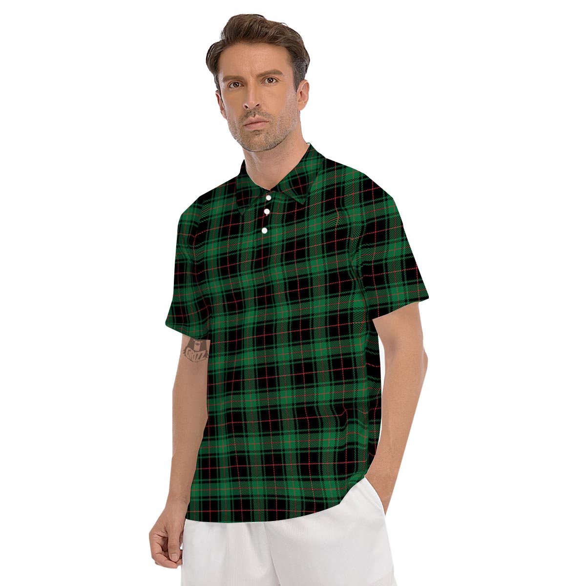 Black Green Plaid Tartan Men's Golf Shirts-grizzshop