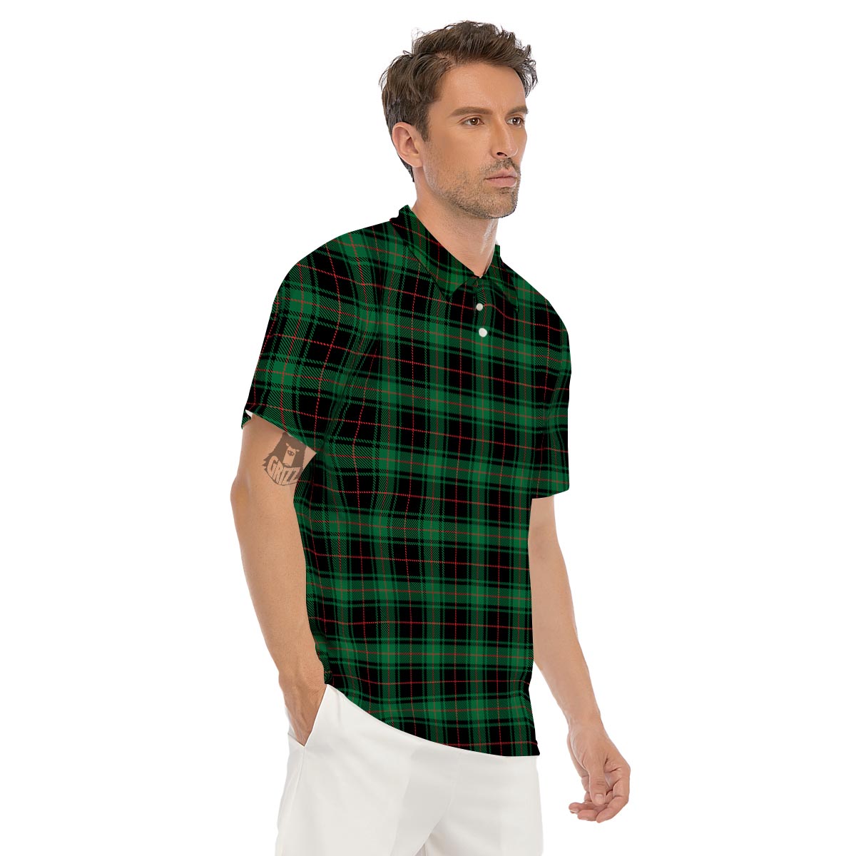 Black Green Plaid Tartan Men's Golf Shirts-grizzshop