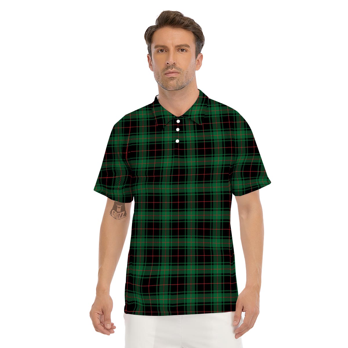 Black Green Plaid Tartan Men's Golf Shirts-grizzshop