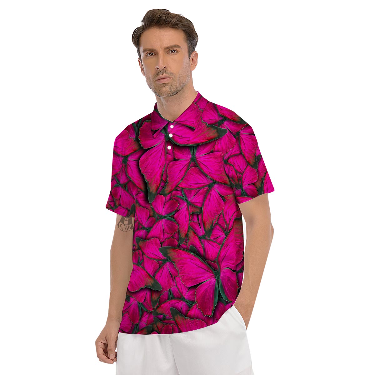 Black Pink Butterfly Print Men's Golf Shirts-grizzshop