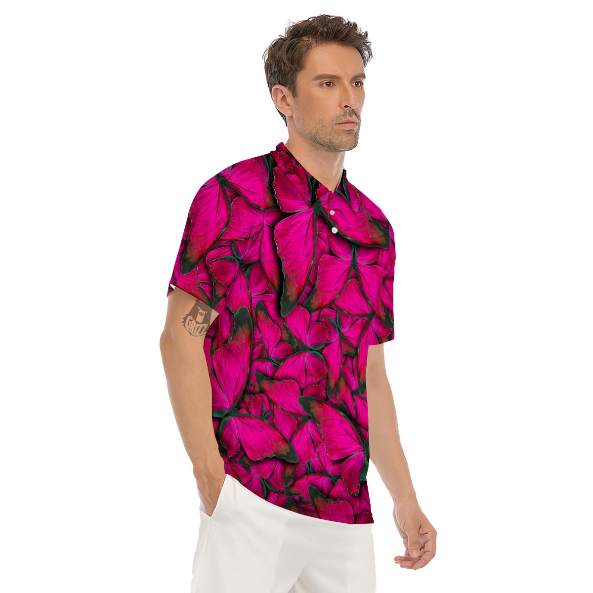 Black Pink Butterfly Print Men's Golf Shirts-grizzshop