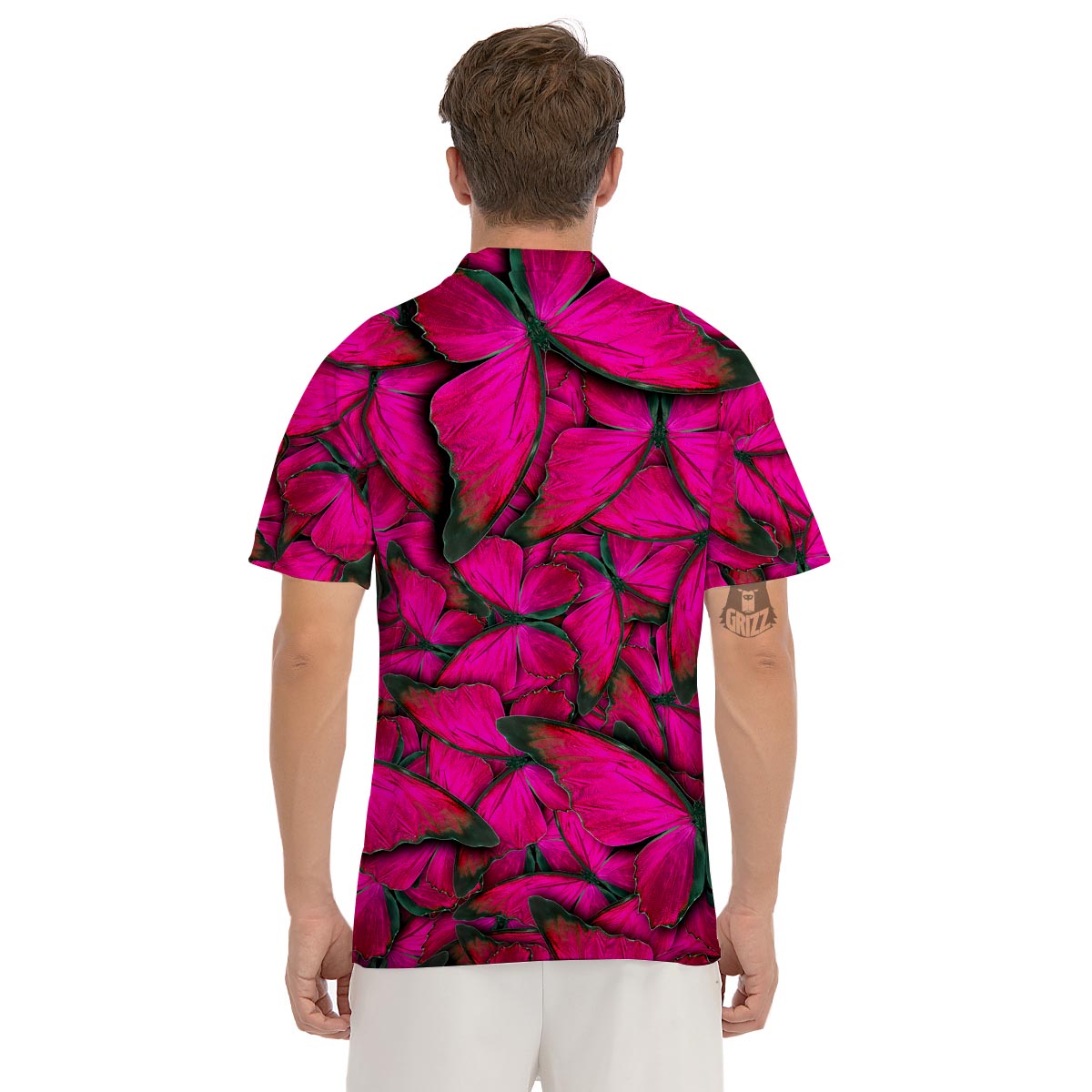 Black Pink Butterfly Print Men's Golf Shirts-grizzshop