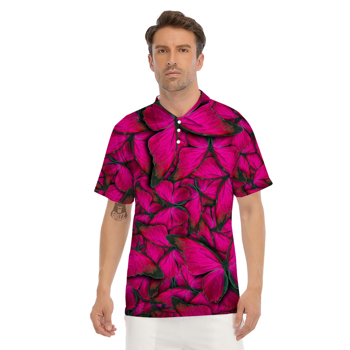 Black Pink Butterfly Print Men's Golf Shirts-grizzshop