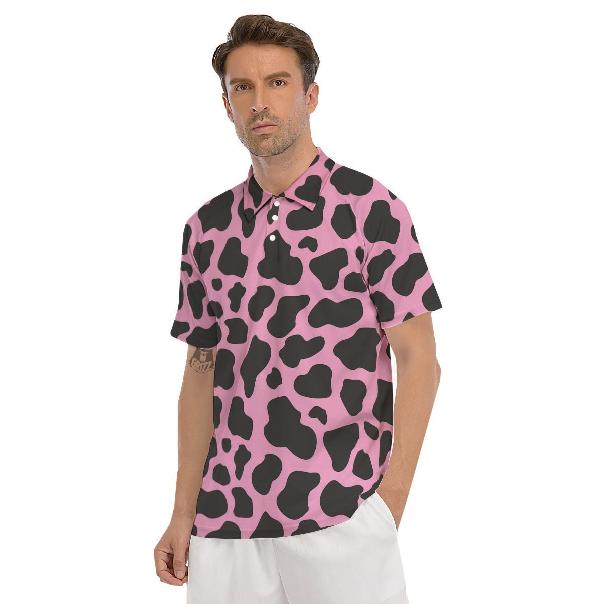 Black Pink Cow Print Men's Golf Shirts-grizzshop