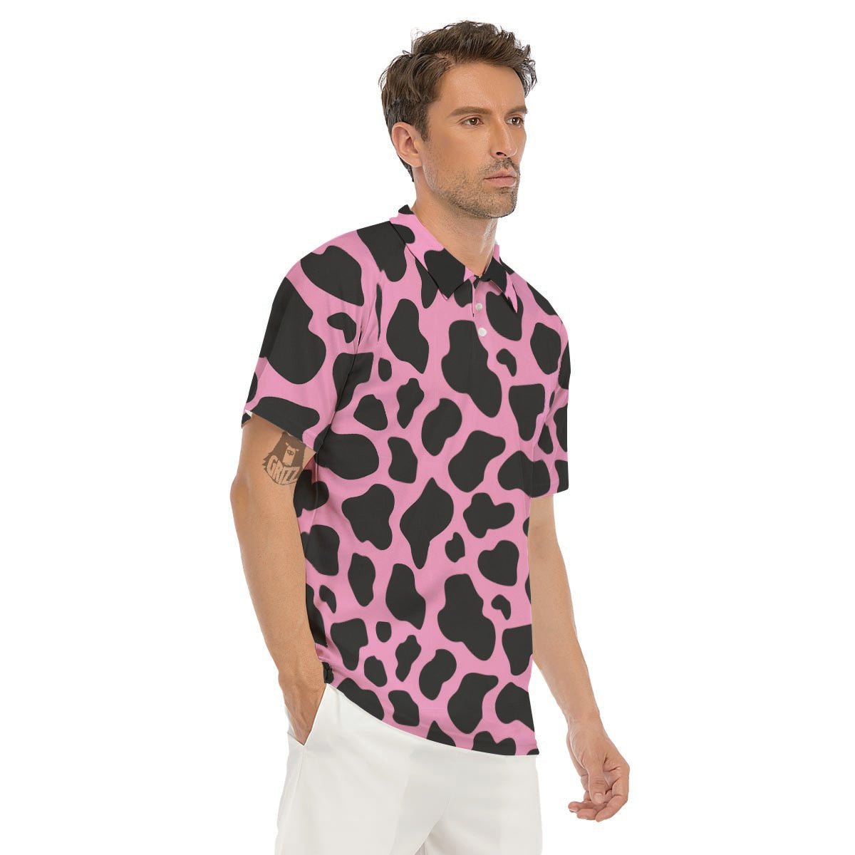 Black Pink Cow Print Men's Golf Shirts-grizzshop