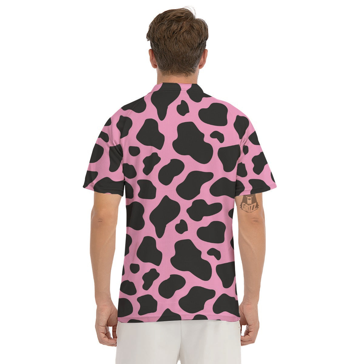 Black Pink Cow Print Men's Golf Shirts-grizzshop