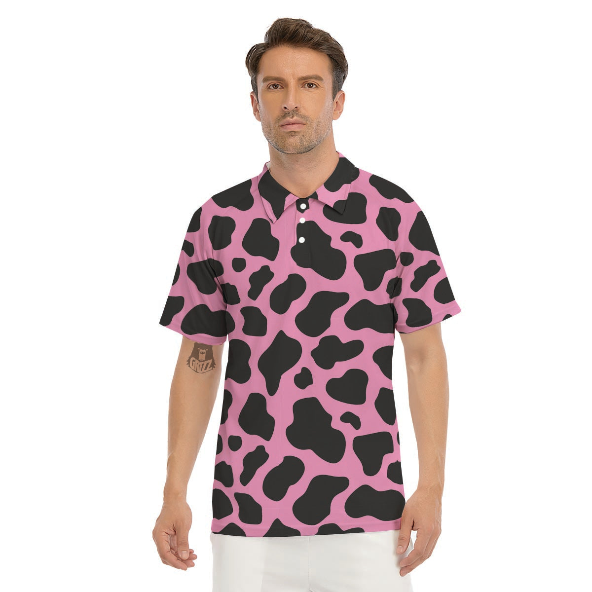 Black Pink Cow Print Men's Golf Shirts-grizzshop