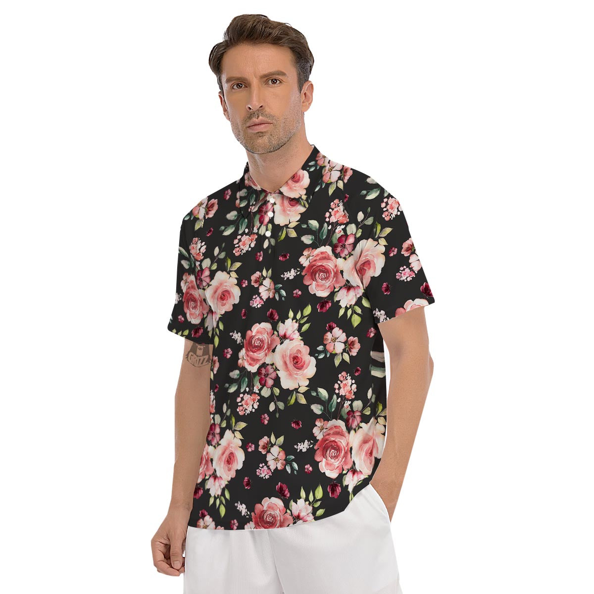 Black Pink Rose Flower Print Men's Golf Shirts-grizzshop