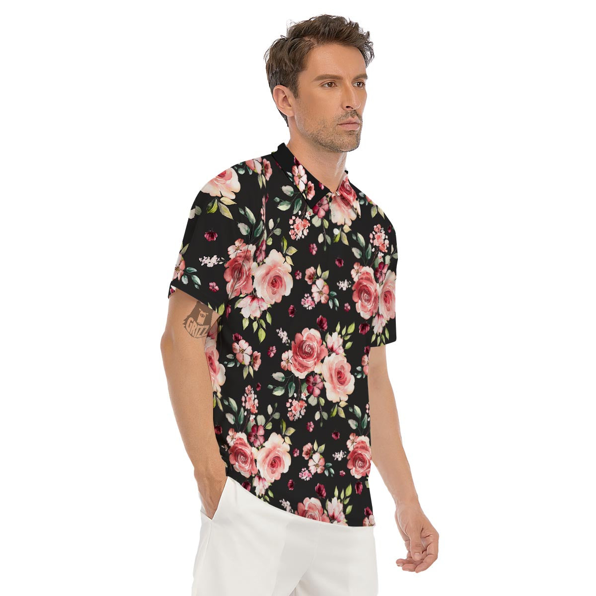 Black Pink Rose Flower Print Men's Golf Shirts-grizzshop