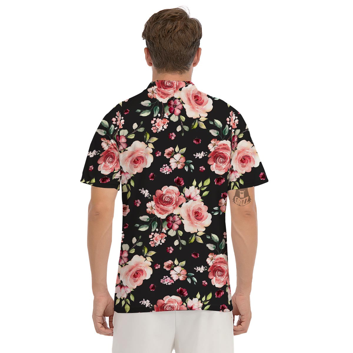 Black Pink Rose Flower Print Men's Golf Shirts-grizzshop