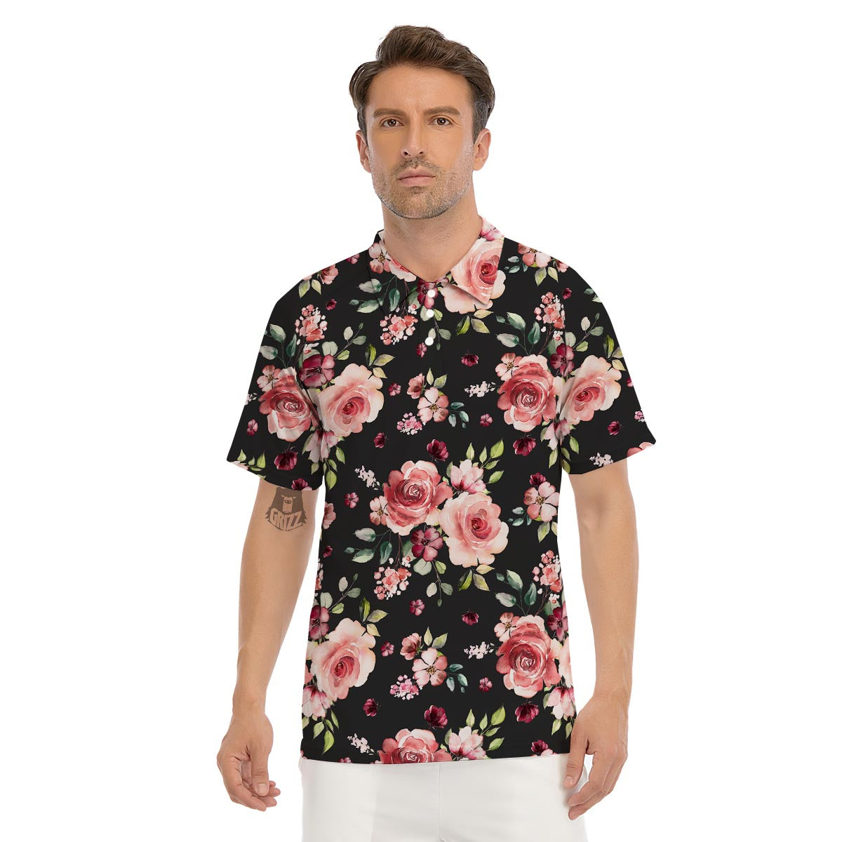 Black Pink Rose Flower Print Men's Golf Shirts-grizzshop