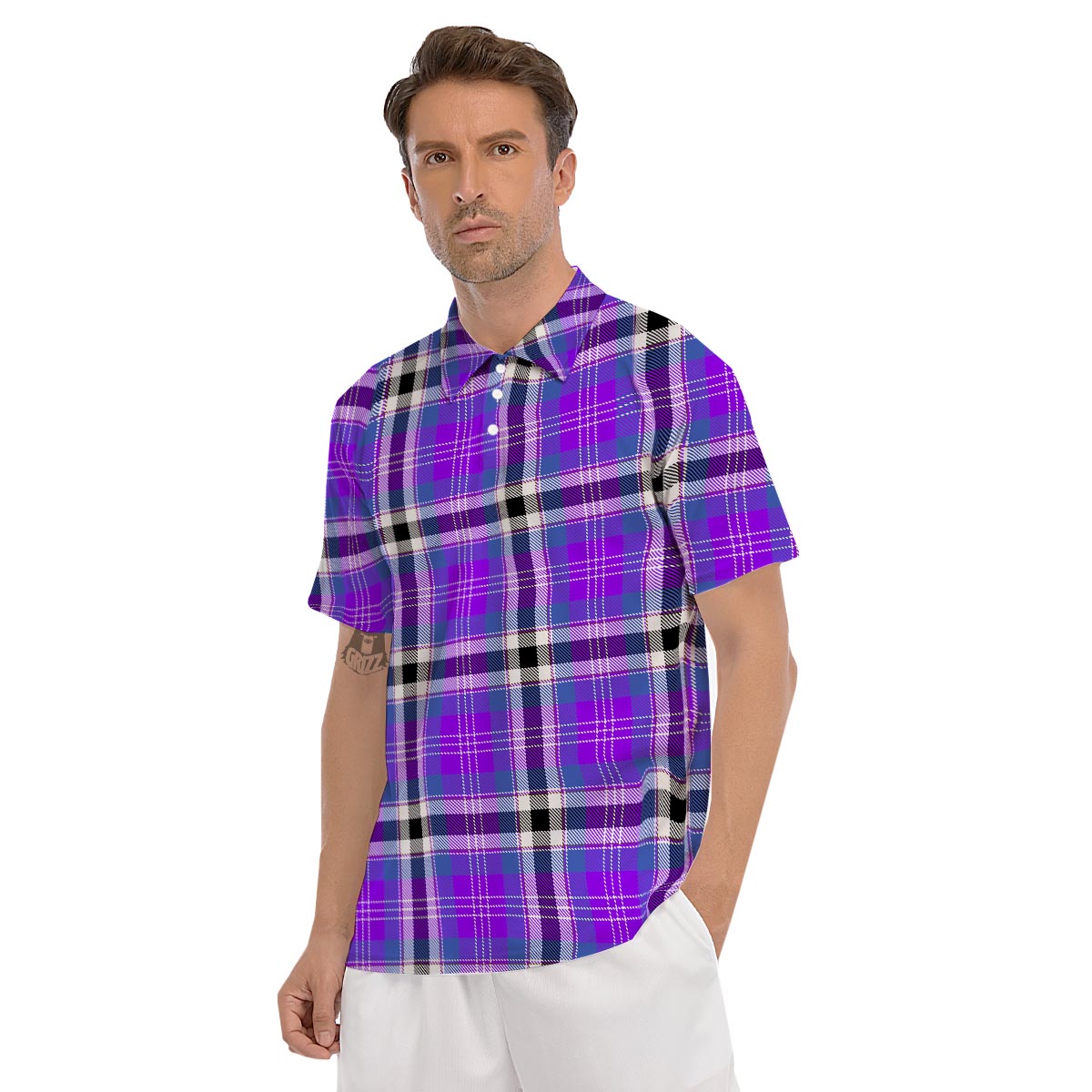 Black Purple Plaid Tartan Men's Golf Shirts-grizzshop
