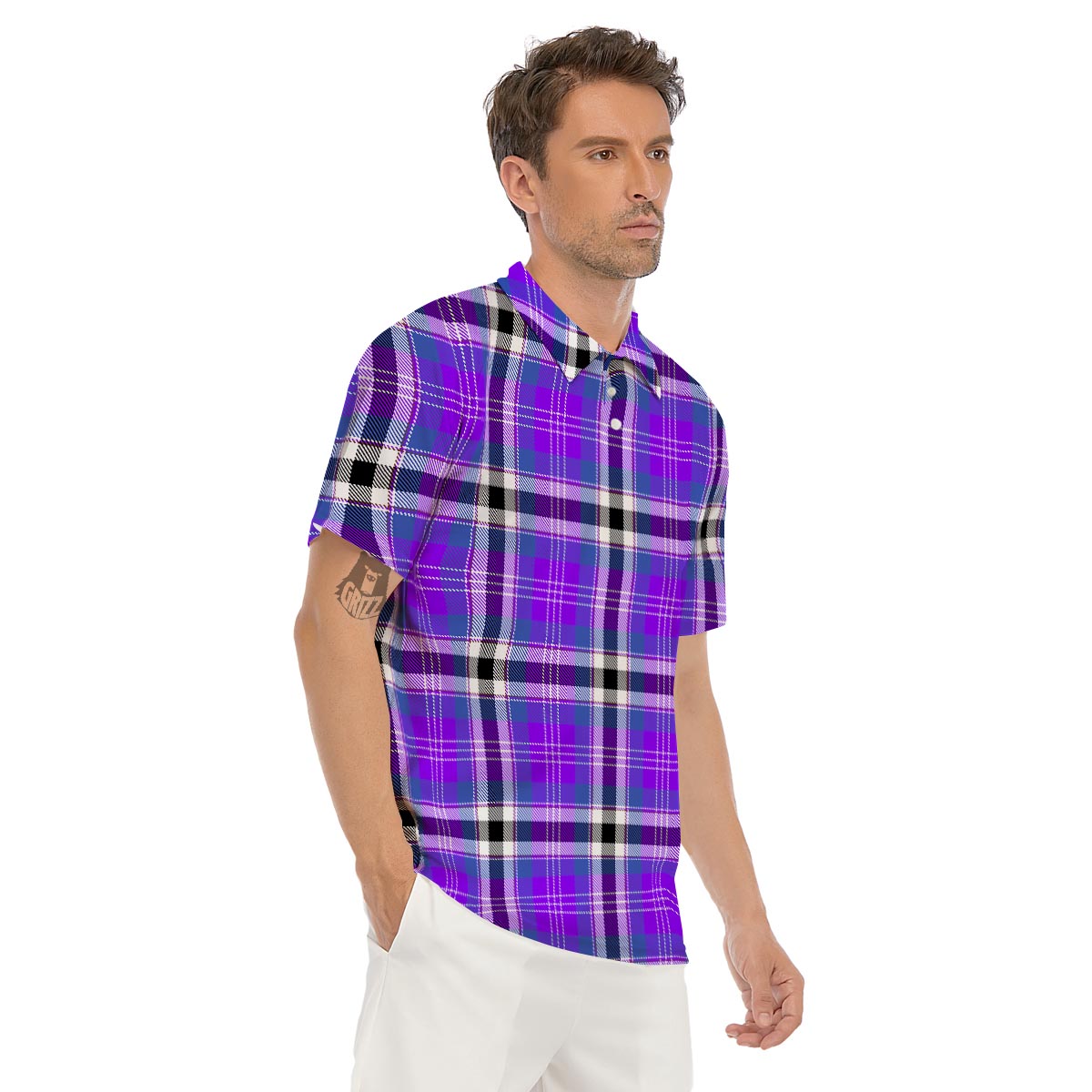 Black Purple Plaid Tartan Men's Golf Shirts-grizzshop