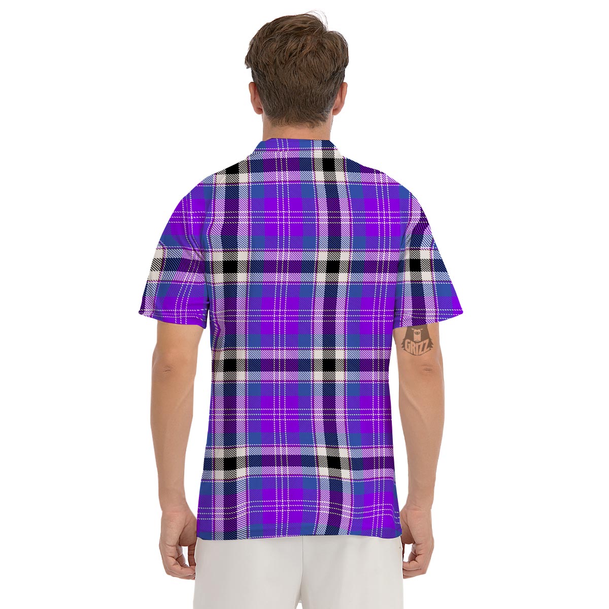 Black Purple Plaid Tartan Men's Golf Shirts-grizzshop